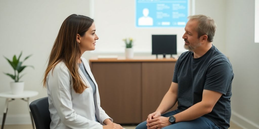 Physiotherapist interacting with patient, AI virtual receptionist visible.