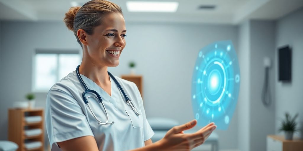 Physician interacting with futuristic AI interface.