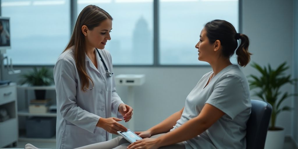 Physiotherapist consulting patient with AI interface.