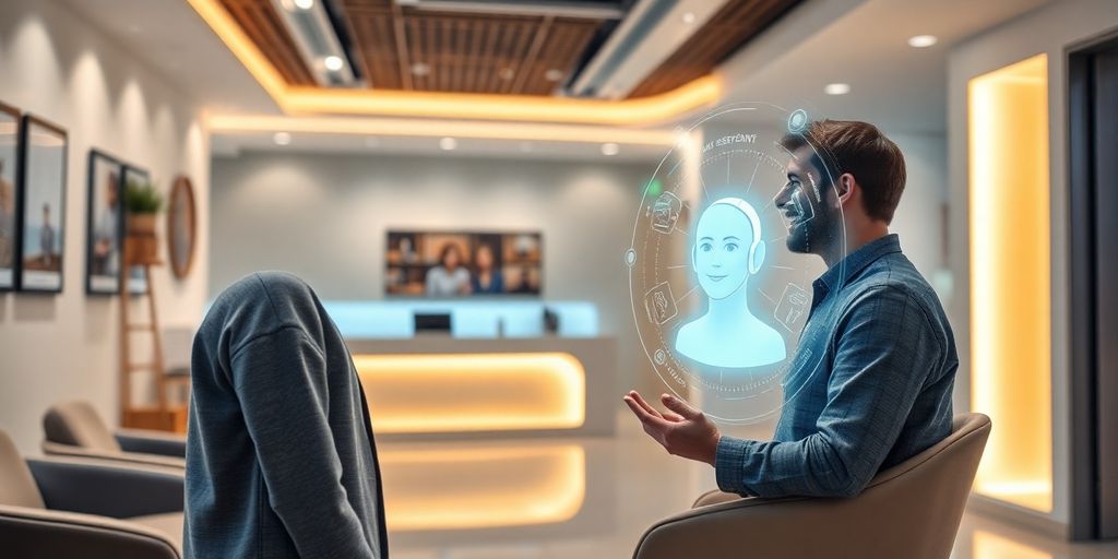 Hearing center reception with AI virtual assistant assisting patient.