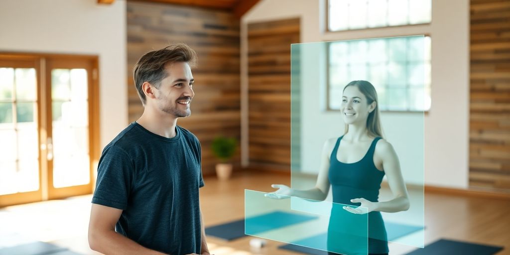 Yoga instructor interacting with a digital interface.