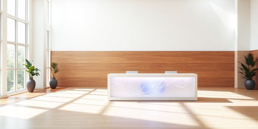 Yoga studio interior with a digital interface.