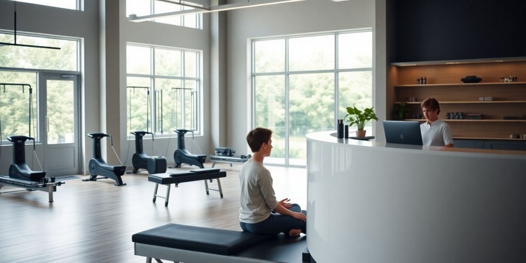 Pilates studio with a person near a computer.