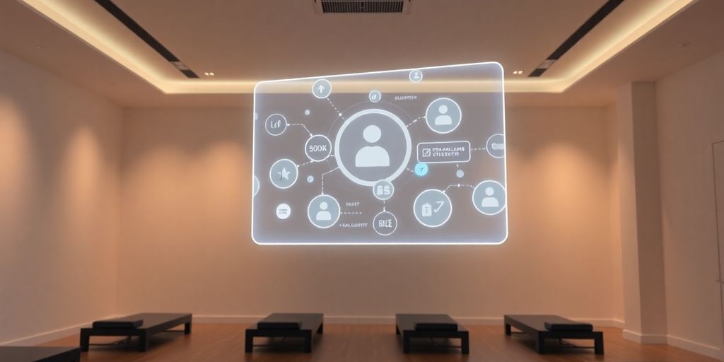Pilates studio with a virtual receptionist interface.