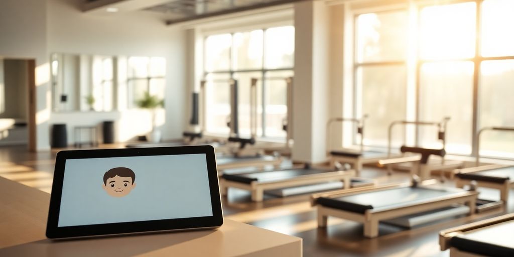 Pilates studio with AI receptionist on screen.