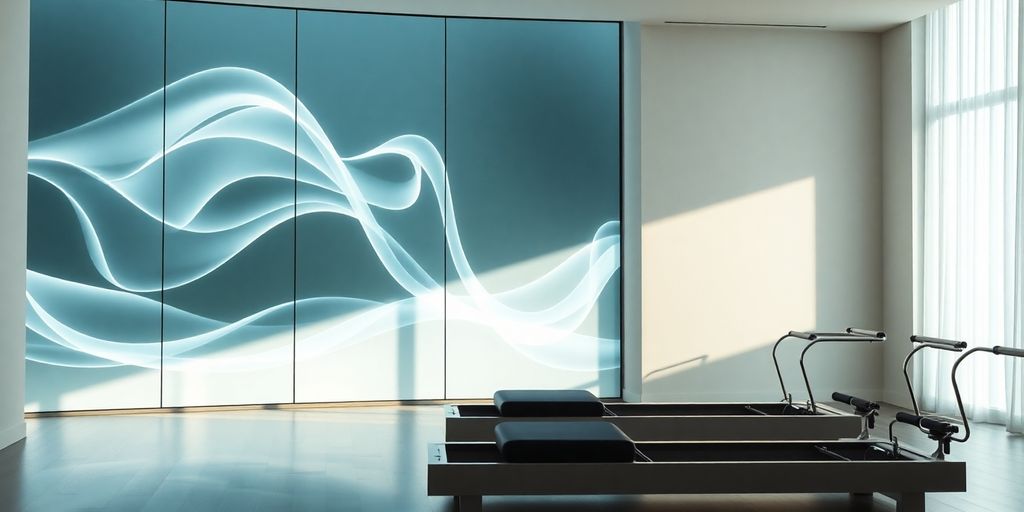 Pilates studio interior with digital interface.