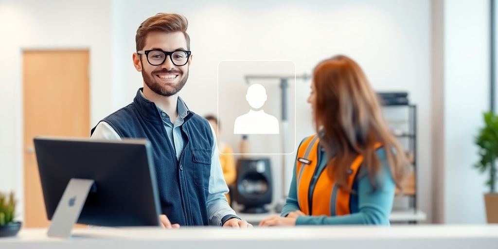 Man interacting with digital plumbing service interface.