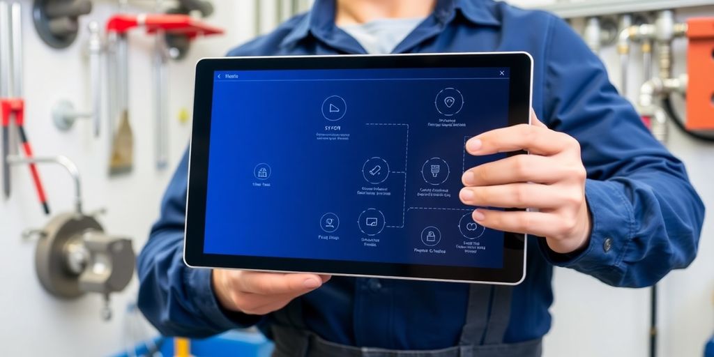 Plumber working with a tablet showing AI interface