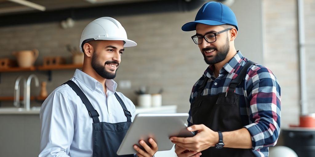 Plumber using smartphone with AI assistant interface.