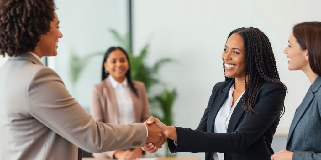 Lawyer and client shaking hands warmly.