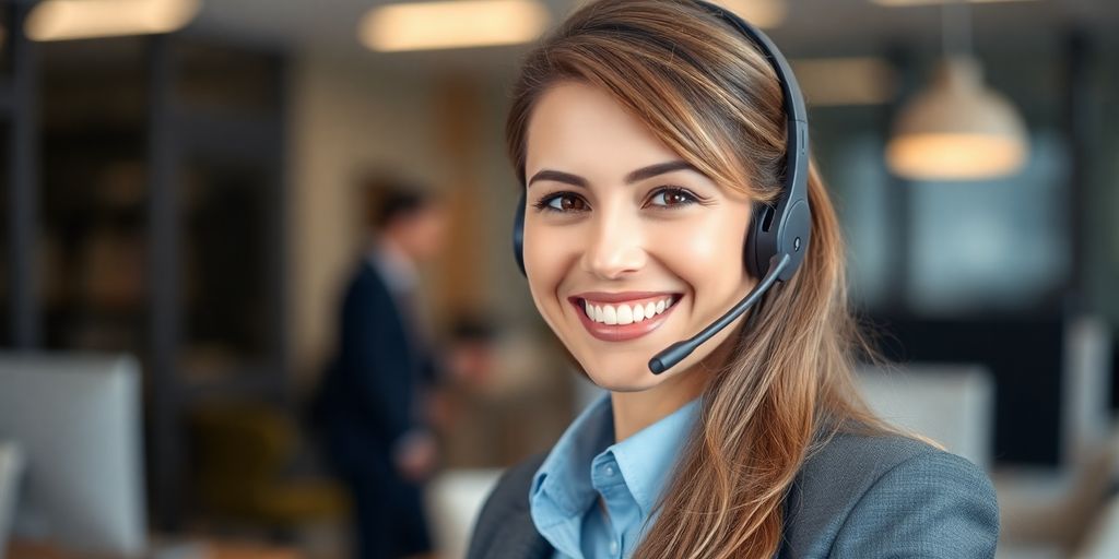 A professional woman smiles while talking on a headset.