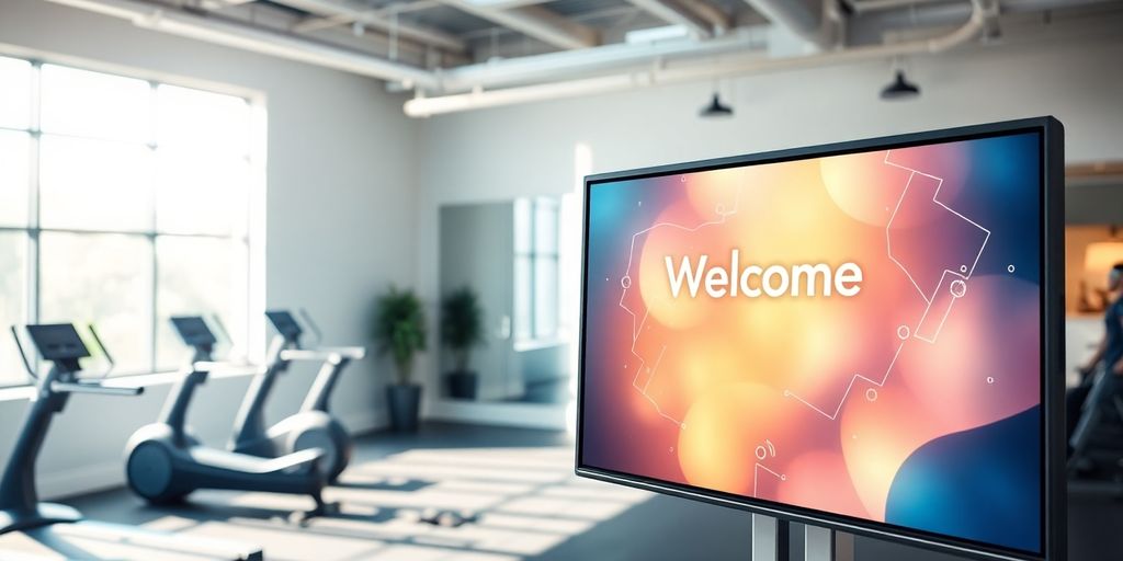 Modern fitness studio with a sleek virtual receptionist interface.