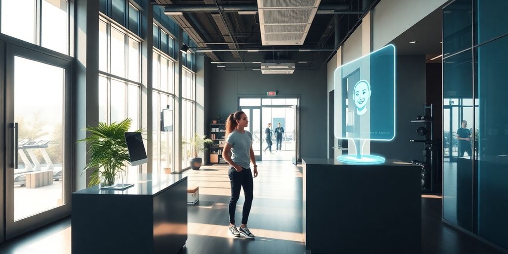 Fitness studio reception with AI assistant.