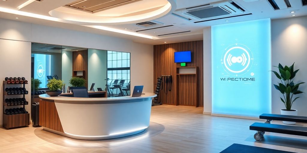Fitness studio reception with AI assistant.
