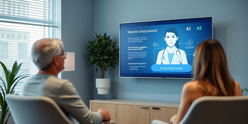 Counselor talking to AI receptionist on screen.