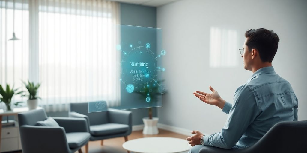 Counselor in office with AI interface.