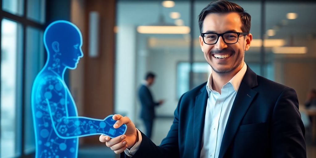 Lawyer with AI receptionist illustration.