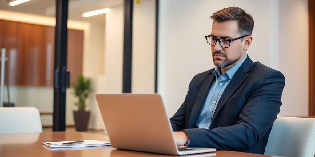 Lawyer using AI virtual receptionist on laptop.