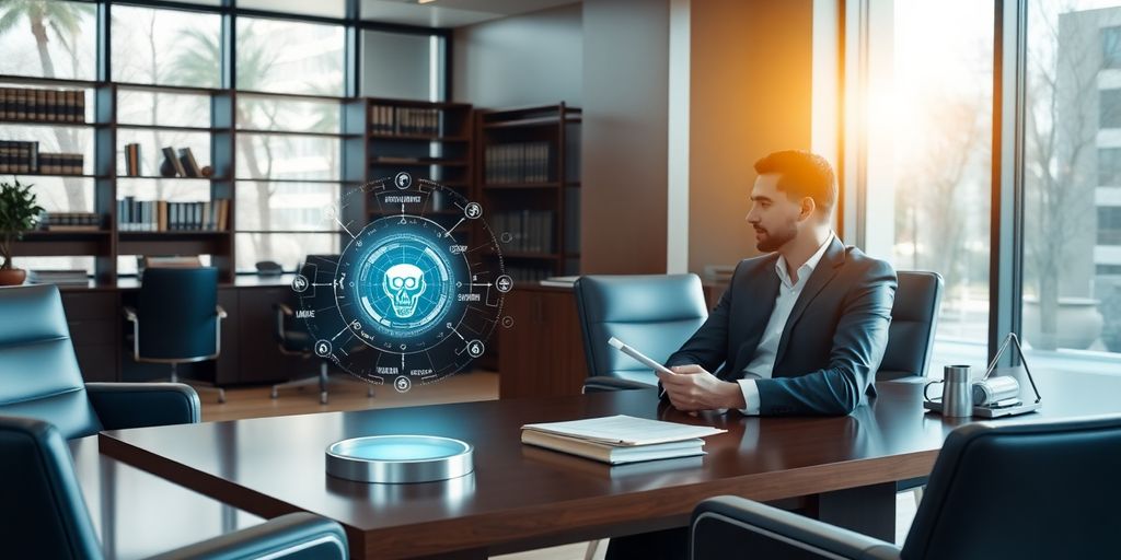 Law office interior with a friendly AI assistant.