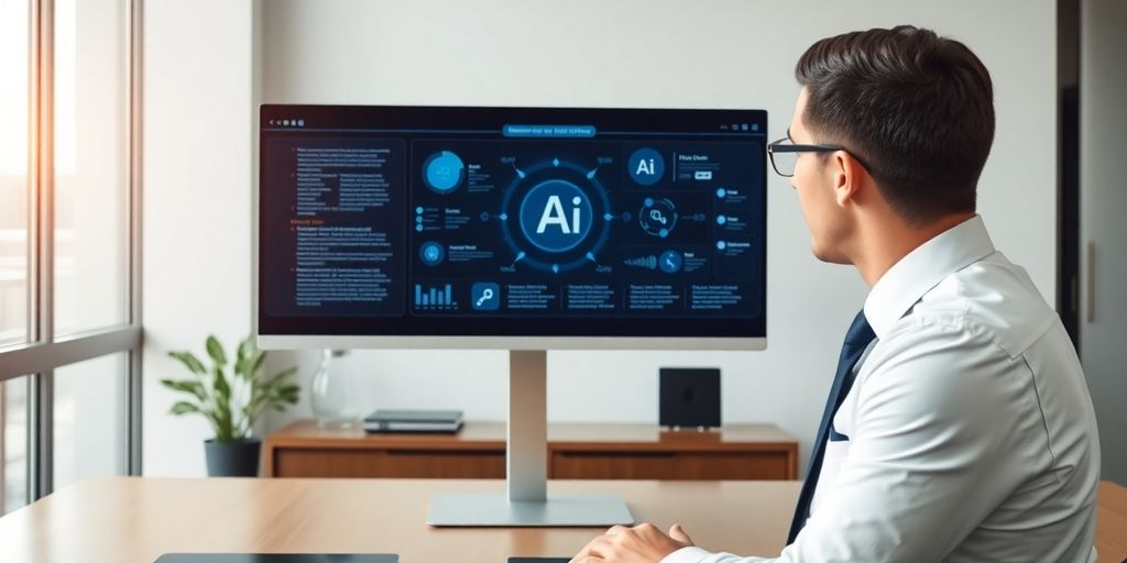 Lawyer using AI virtual receptionist on computer.