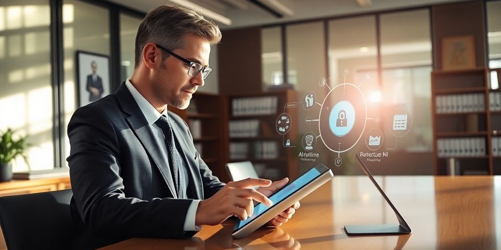 Lawyer using a smartphone with AI interface.