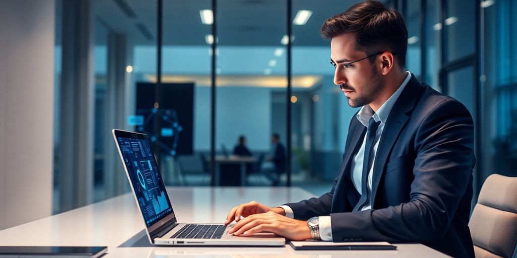 Lawyer using AI virtual receptionist on laptop.