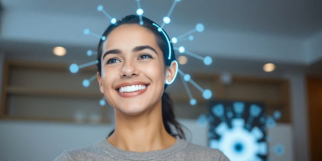 Smiling customer interacting with a futuristic AI interface.