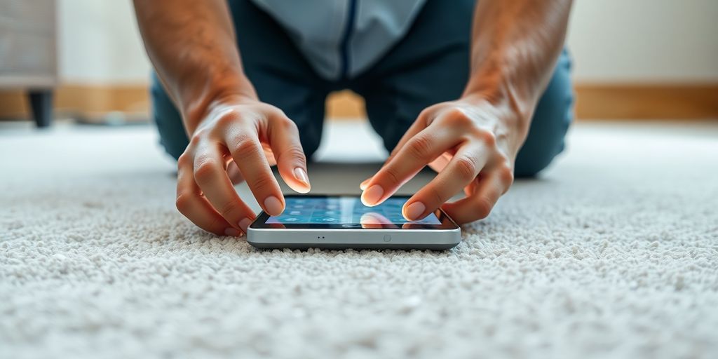 Person using a tablet with a clean carpet background.