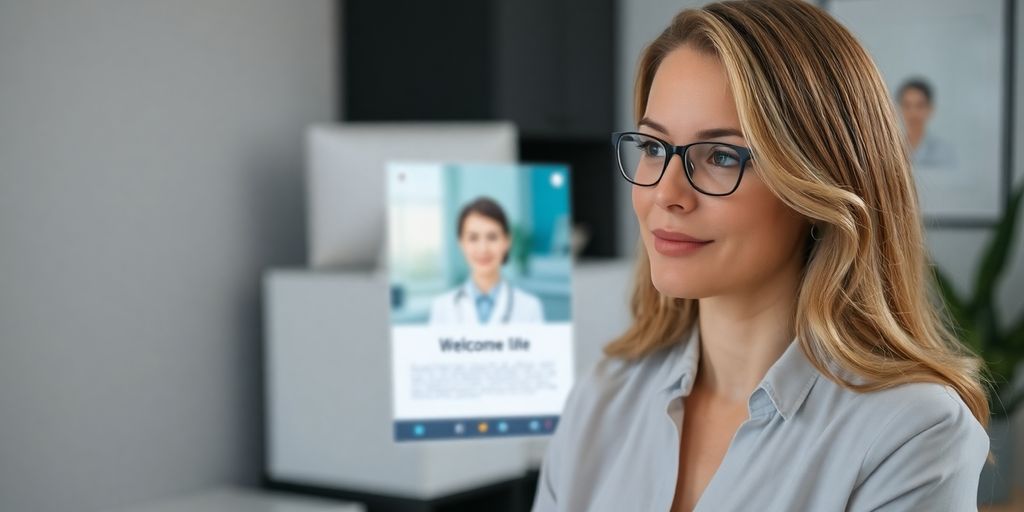 Therapist interacting with AI virtual receptionist interface.
