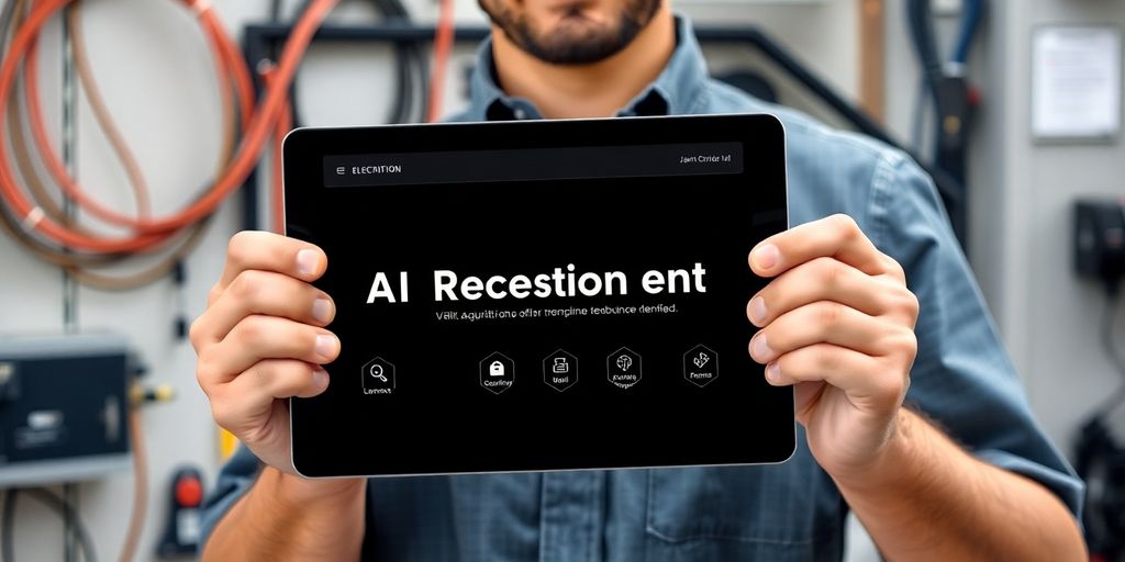 Electrician using a tablet with AI receptionist interface.