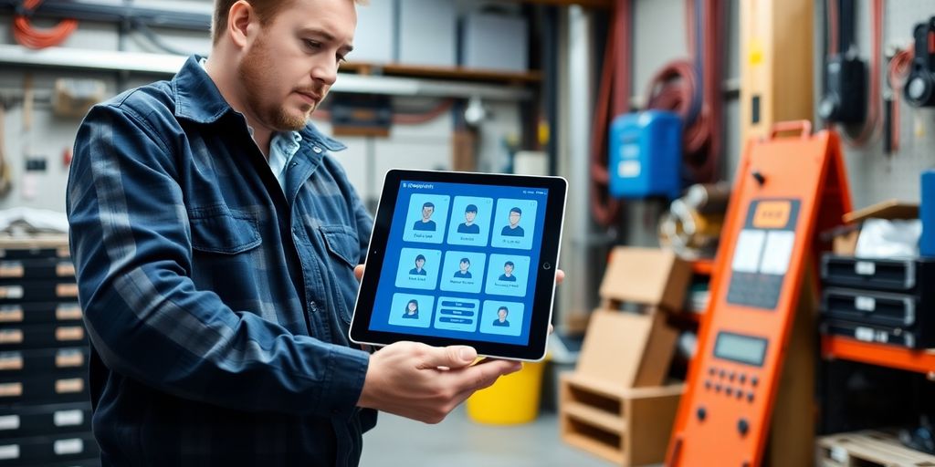Electrician using AI virtual receptionist on a tablet.