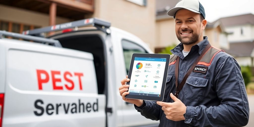Pest control technician using a tablet with AI interface.