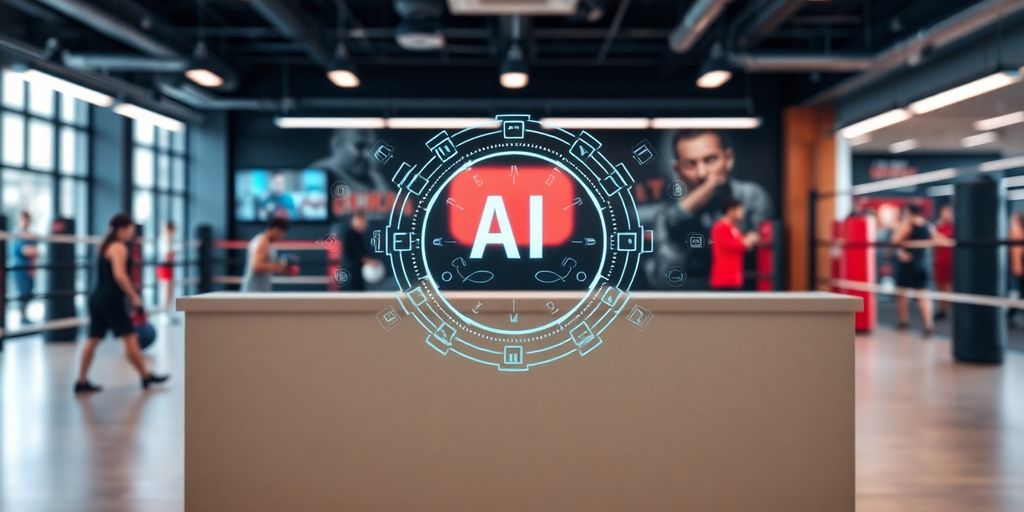 Boxing gym reception with AI virtual assistant.