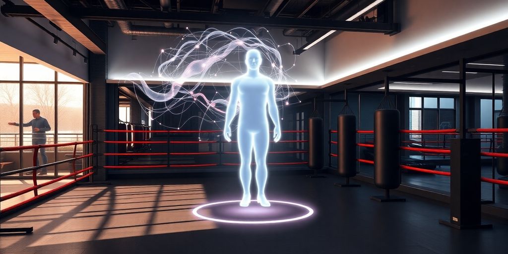 Boxing gym interior with AI interface.