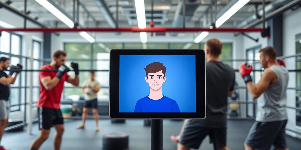 Boxing gym with a friendly AI receptionist greeting members.