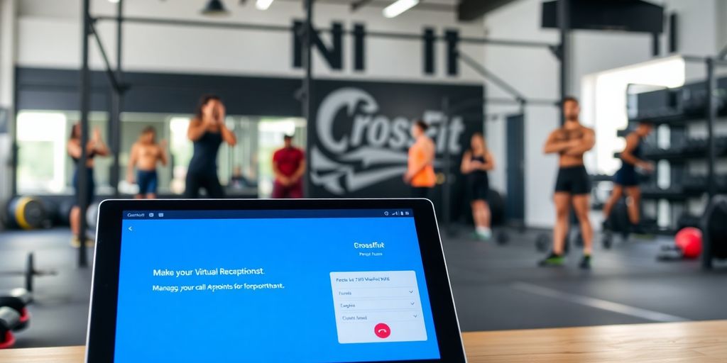 CrossFit gym with AI receptionist on a tablet.
