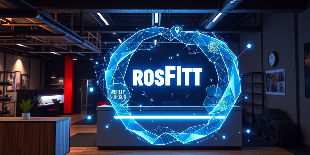 CrossFit gym interior with AI receptionist interface.