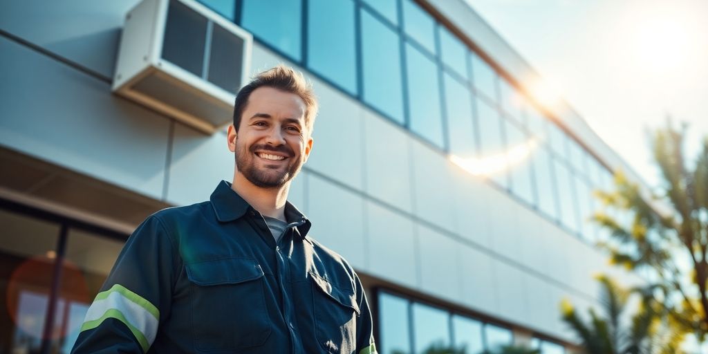 HVAC technician smiling next to a modern office.