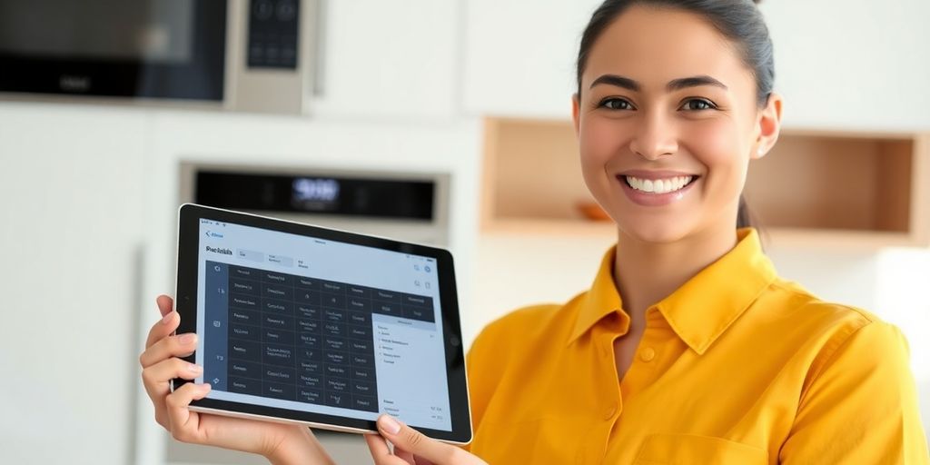 Technician using tablet for appliance repair scheduling.