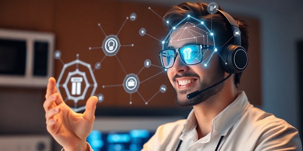 Man on phone with AI headset helping appliance repair.