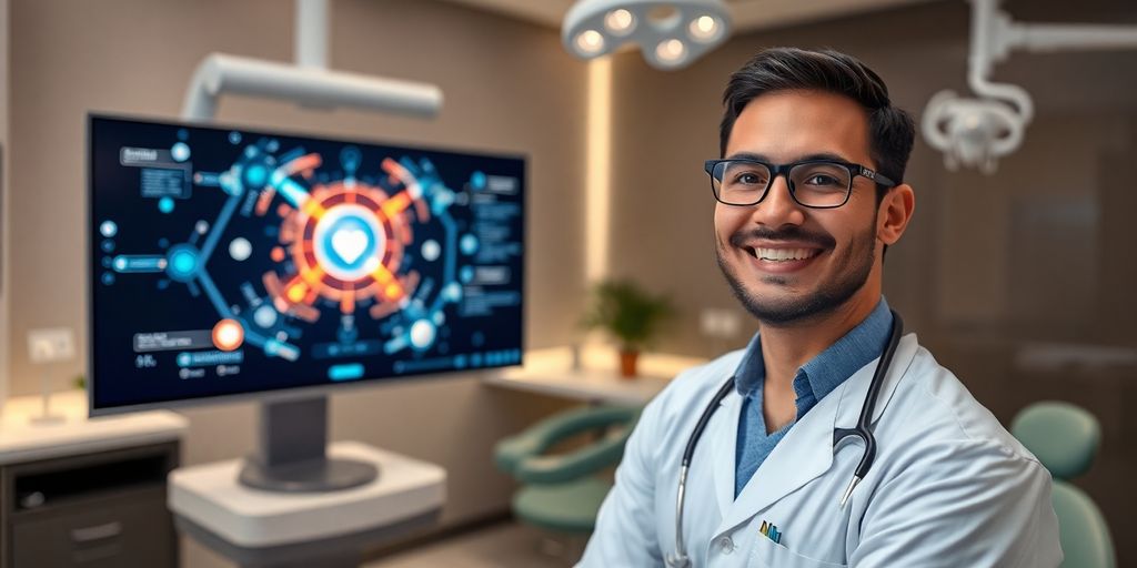 Dentist interacting with AI virtual receptionist interface.