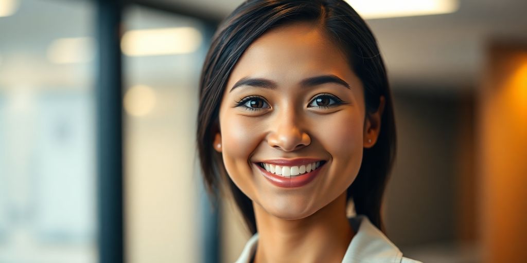 AI receptionist greeting client with a warm smile.