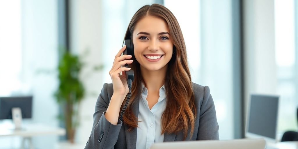 Professional woman answering a phone with a smile.