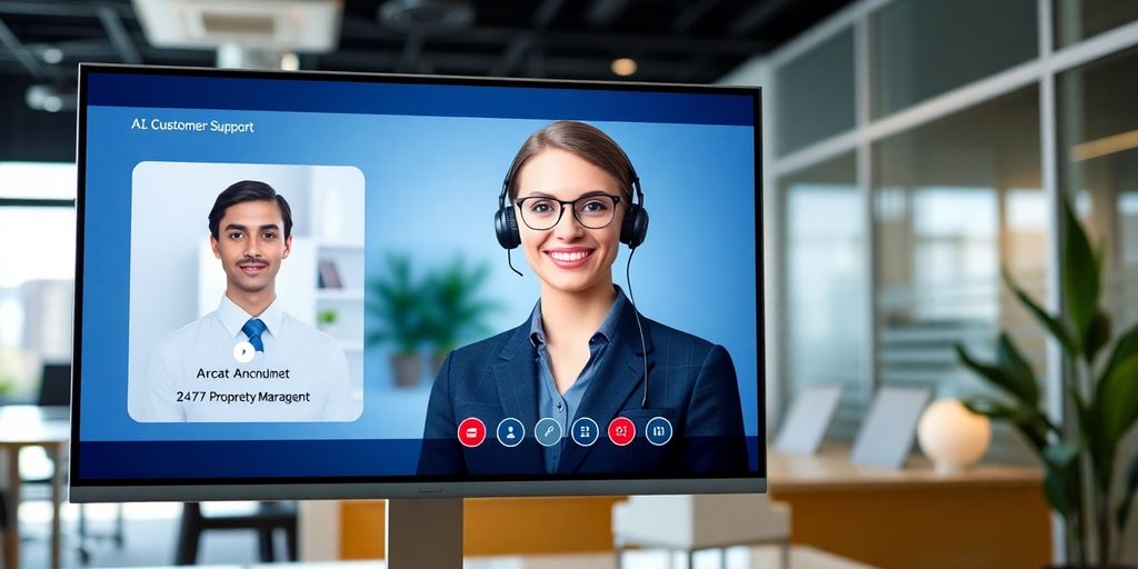 Modern office with friendly AI virtual receptionist.