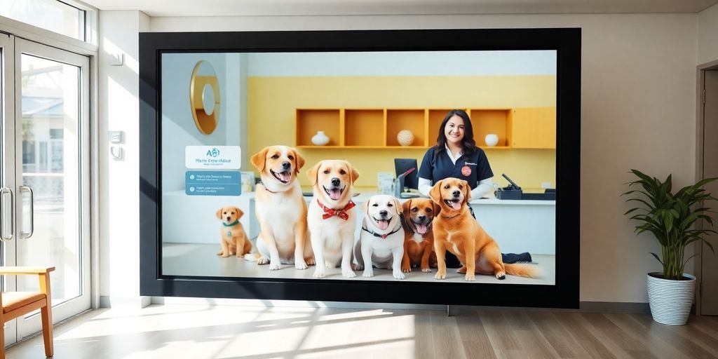 Dog daycare reception with AI virtual receptionist interface.
