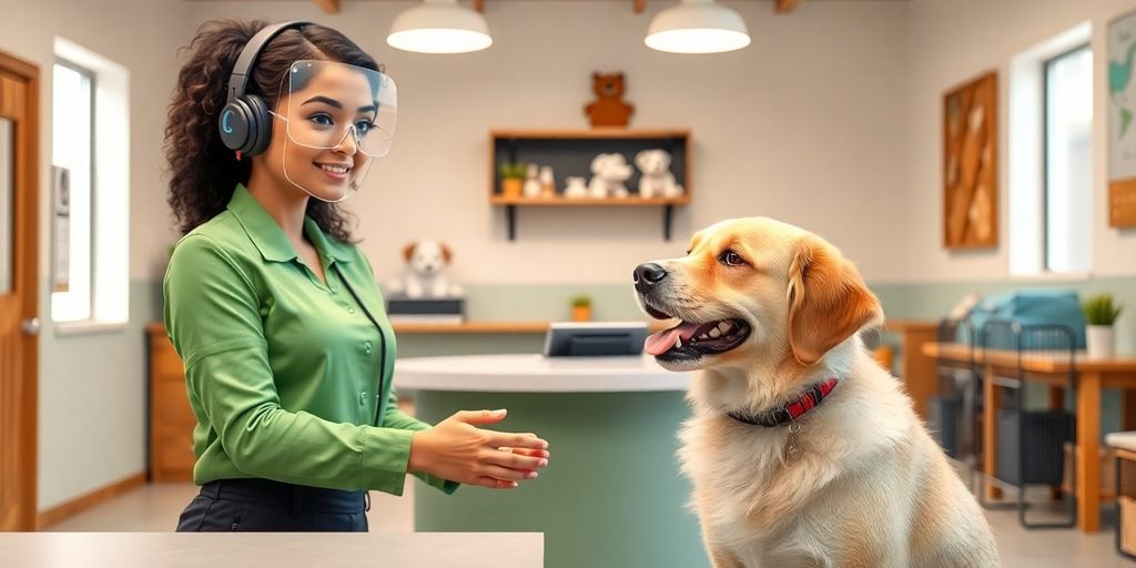 Happy dog in a daycare with a smiling receptionist.