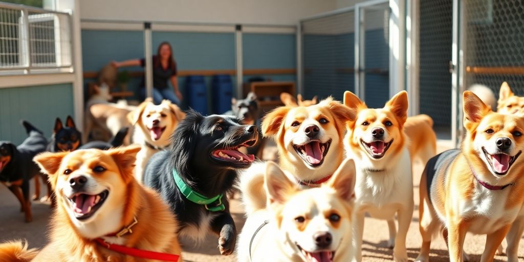 Happy dogs interacting at a clean daycare facility.