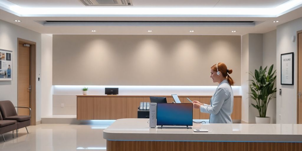 A modern hearing center reception desk with a subtle AI interface.