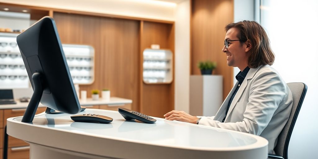 Optometrist using AI phone system for patients.