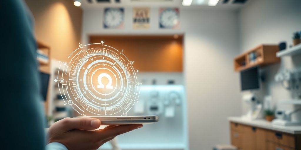 Optometrist using AI phone system with glowing interface.